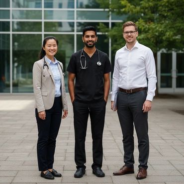 Three diverse medical professionals standing outside a modern building, smiling.