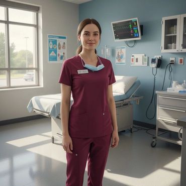 A nurse in maroon scrubs stands smiling in a well-lit hospital exam room.