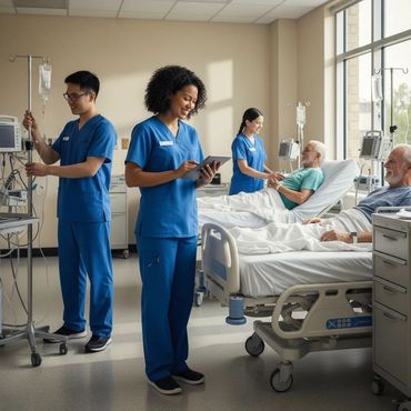 Nurses caring for elderly patients in hospital beds with medical equipment.