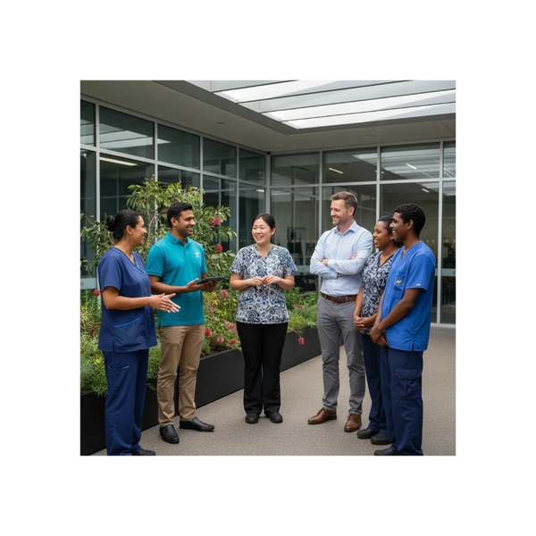 Group of healthcare professionals and a man in business attire having a discussion indoors.