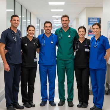 Group of six smiling healthcare professionals in hospital corridor.