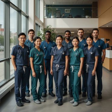 A diverse group of medical professionals in scrubs standing together in a bright hospital corridor.