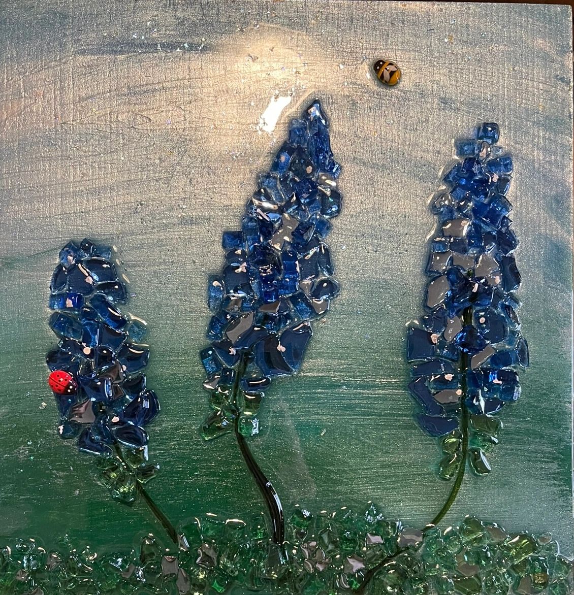 Spring Time in Texas. Resin and glass original art - 10x10 wood canvas. Texas Bluebonnets