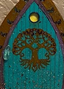The art of a fairy door. Hand painted original birch wood fairy door. LUXE opal for the door knob. S
