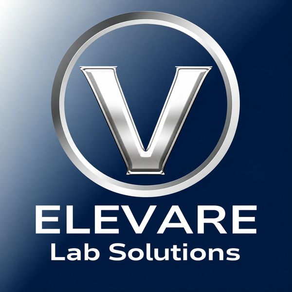 Elevare Lab Solutions logo. Logo has a silver V with a circle around it and the name below
