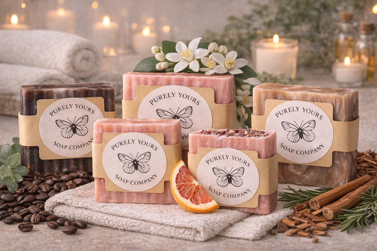 Artisan soaps from Purely Yours Soap Company displayed with natural ingredients and candles.