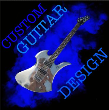 Custom-designed electric guitar with a unique metallic body and blue smoky background.