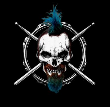 A skull with a blue mohawk and beard, crossed drumsticks behind it.