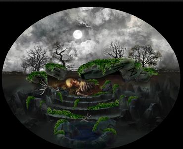 Eerie moonlit grave with a glowing skeleton and ancient runes on stones.