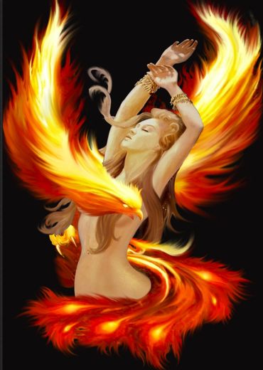 A woman intertwined with fiery phoenix wings and feathers.