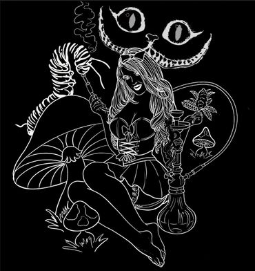 Stylized black and white drawing of a woman with a hookah and fantasy elements.