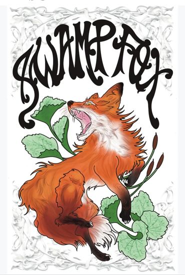 Illustration of a snarling fox with green leaves and stylized text 'SWAMP FOX'.