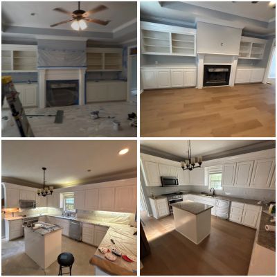 Before and after photos of a kitchen renovation and living area update.