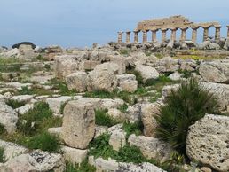 Ancient stone ruins with columns under a clear sky.
