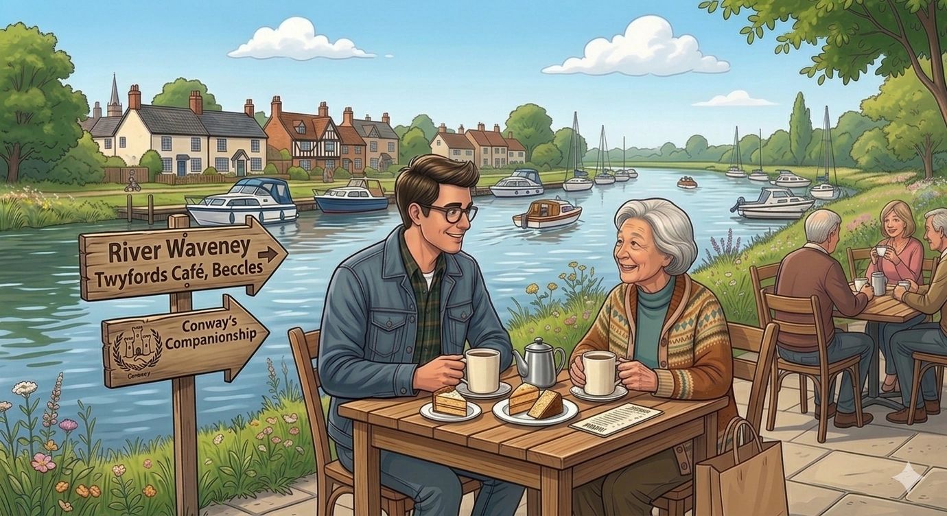 People enjoying tea and cake by the river in a charming village setting.