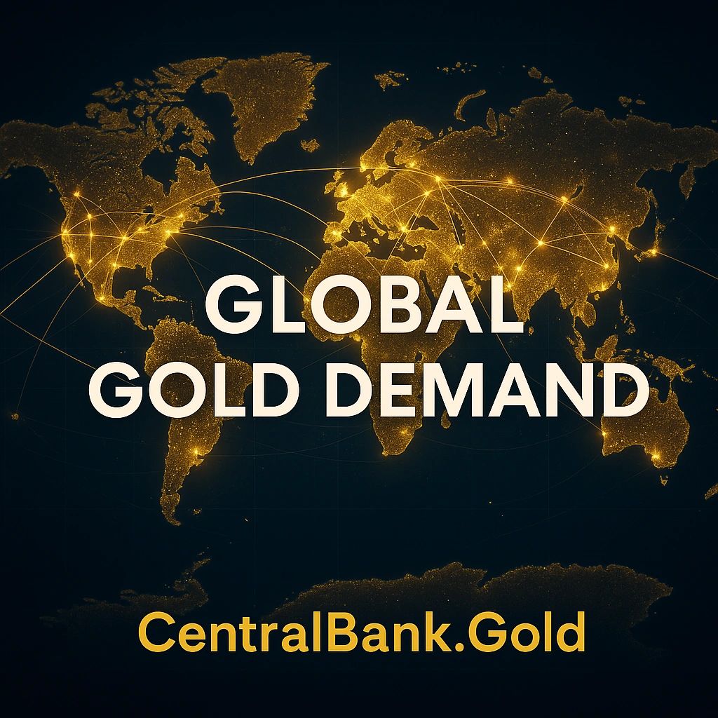 World map highlighting global gold demand with glowing connections and CentralBank.Gold branding.