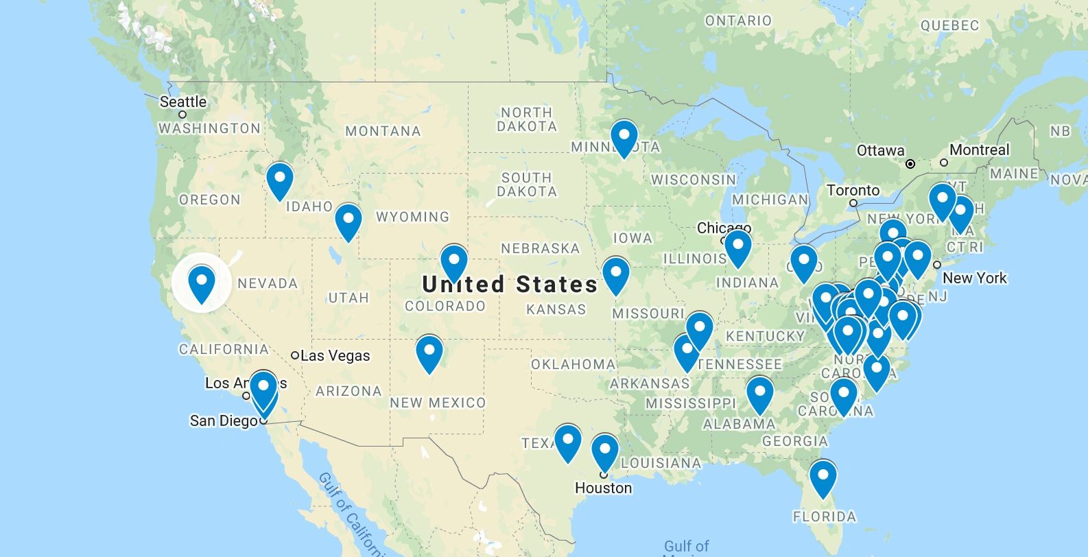 Map of locations with serviced nationally