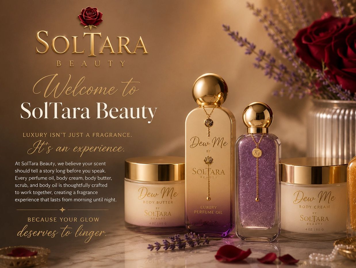 Luxury SolTara Beauty Dew Me products with elegant packaging and flowers.