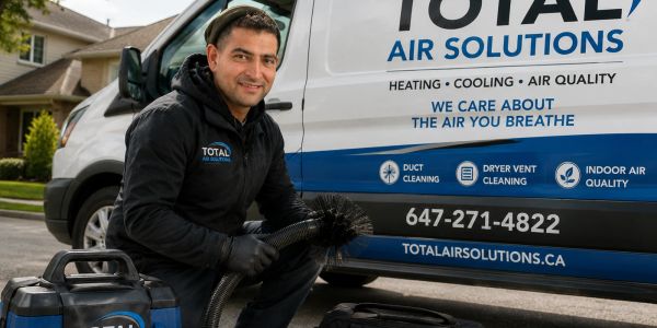 Technician kneeling by a Total Air Solutions van with cleaning equipment.