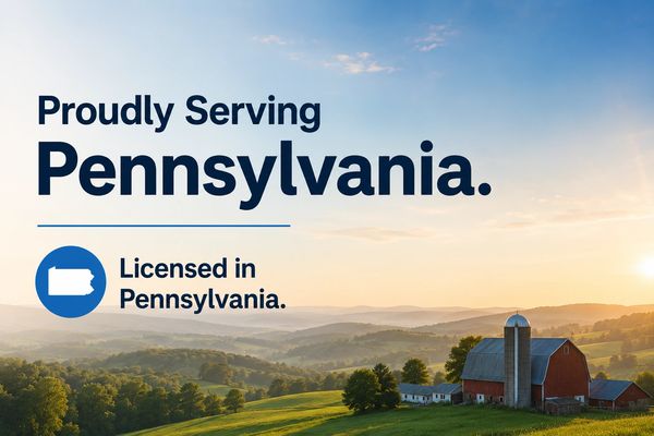 Pennsylvania farm landscape with text about service and licensing.