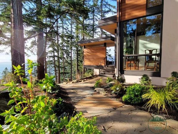 A stone pathway leading to a modern wooden house surrounded by lush greenery and tall trees.
