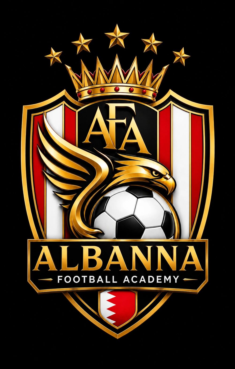 Emblem of Albanna Football Academy with a crowned eagle and soccer ball.