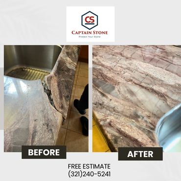 Repair of a large granite countertop crack. The damaged section was stabilized and restored.
