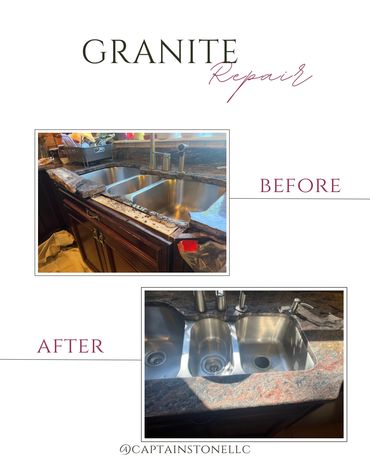 Granite countertop crack repair caused by rust expansion from a steel support rod beneath the stone.