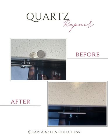White quartz countertop chip repair. Restored to blend with the surrounding surface.