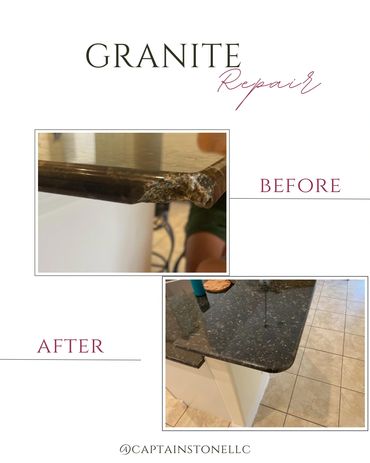 Granite countertop edge repair. Missing stone was rebuilt and refinished for the countertop edge.