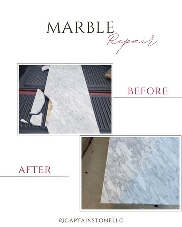 Shattered marble countertop repair. Damaged area was restored and blended for a seamless repair.