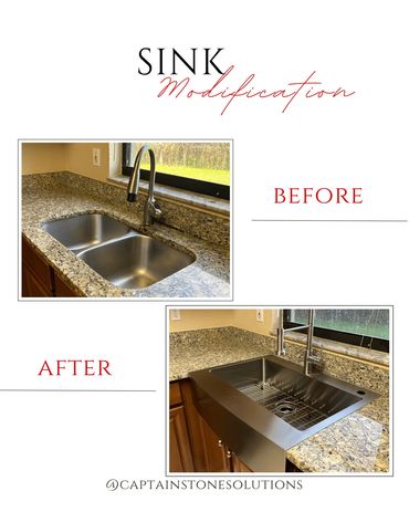 Before and after photos of a kitchen sink upgrade with a modern stainless steel sink.
