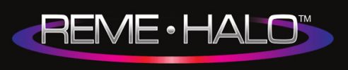 Logo of REME HALO with a purple and red oval ring.