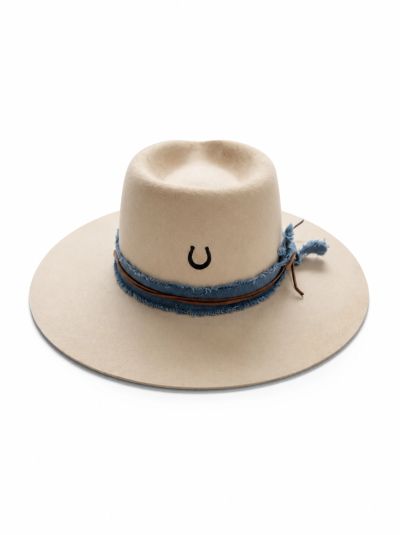 Kids cowboy hat with a beaded hatband and a burned horseshoe brand mark