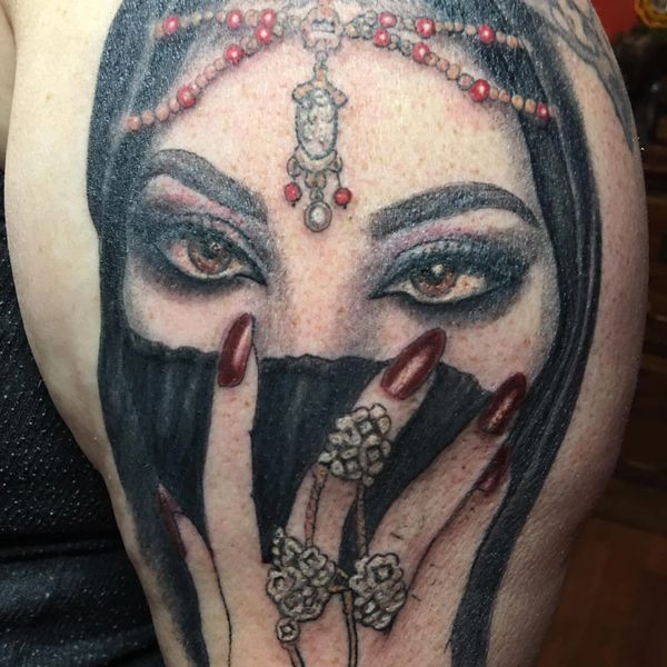 Work in progress tattoo on Diane Rockwell.