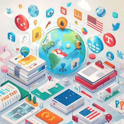 Illustration of a digital globe surrounded by books and social media icons.