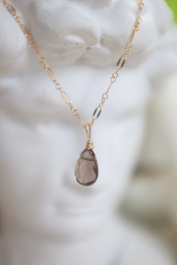 Faceted Smokey Quartz Teardrop Necklace in 14 K Gold fill.