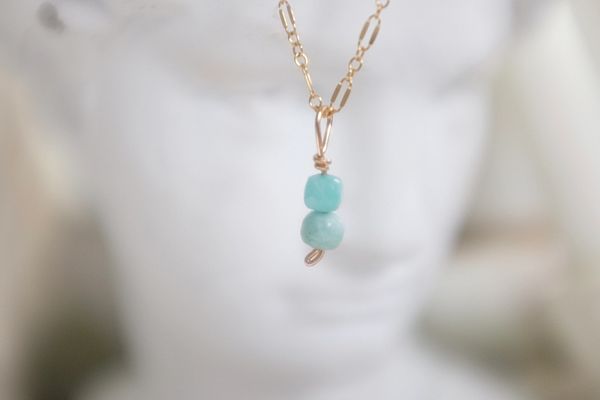 Blue Amazonite Crystal Necklace in 14 K Gold fill.