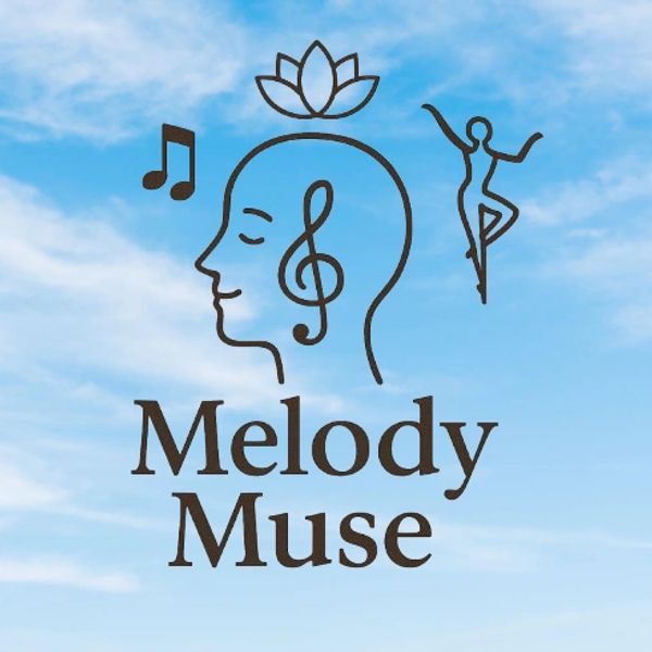 Logo with music, dance, and meditation elements under a blue sky.