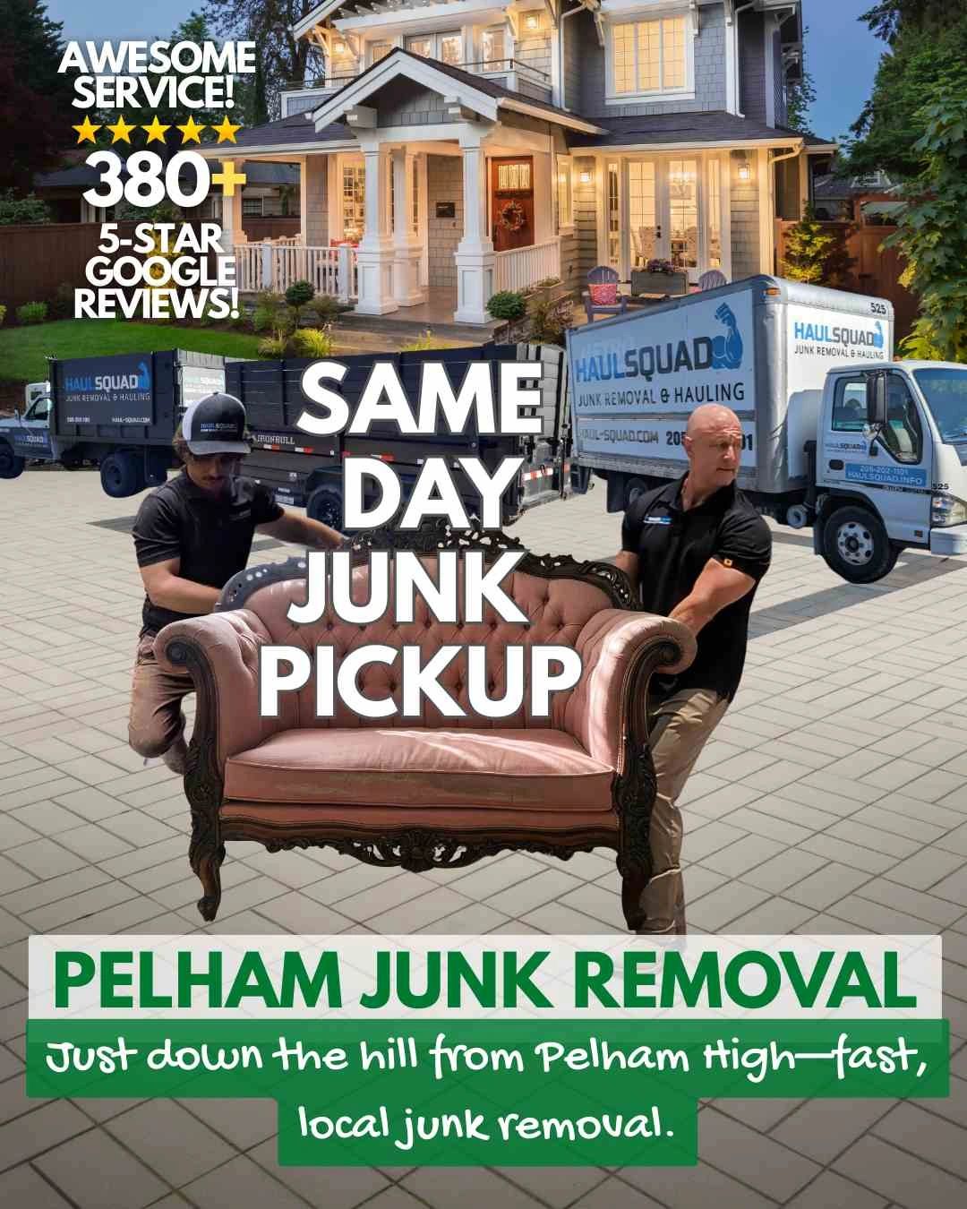 Haul Squad lifting pink couch during junk removal in Pelham, AL –fast, affordable, 5-star rated team