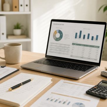 Workspace with laptop displaying business charts and reports, surrounded by documents and a coffee mug.