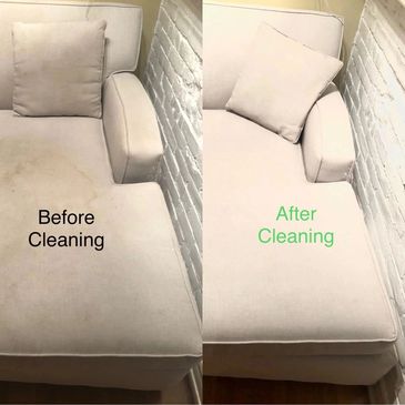 Side-by-side comparison of a sofa before and after cleaning, showing significant stain removal.