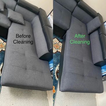 Side-by-side comparison of a gray couch before and after cleaning.
