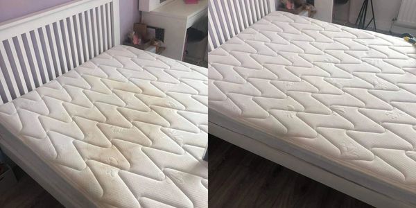 Comparison of a mattress before and after cleaning, showing a significant improvement.