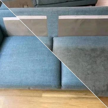Side-by-side comparison of a sofa before and after cleaning, showing a dramatic difference.
