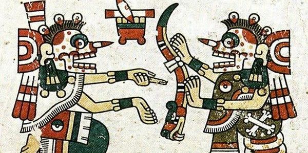 Ancient Aztec-style illustration of two skeletal figures.