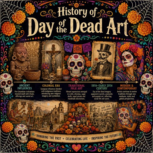 Explore the history of Day of the Dead art, from Indigenous Mexican traditions to Spanish influence