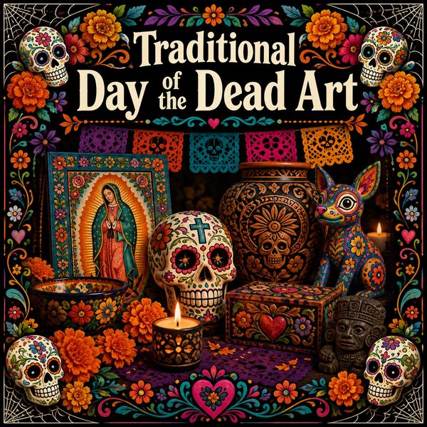 Discover traditional Day of the Dead art, including calaveras, ofrendas, marigolds, and folk art.