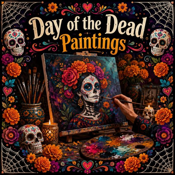 Explore Day of the Dead paintings featuring calaveras, Catrinas, marigolds, ofrendas, and tradition.