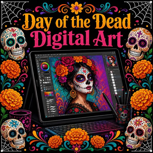 Discover Day of the Dead digital art featuring modern calaveras, Catrinas, symbols, and traditions.